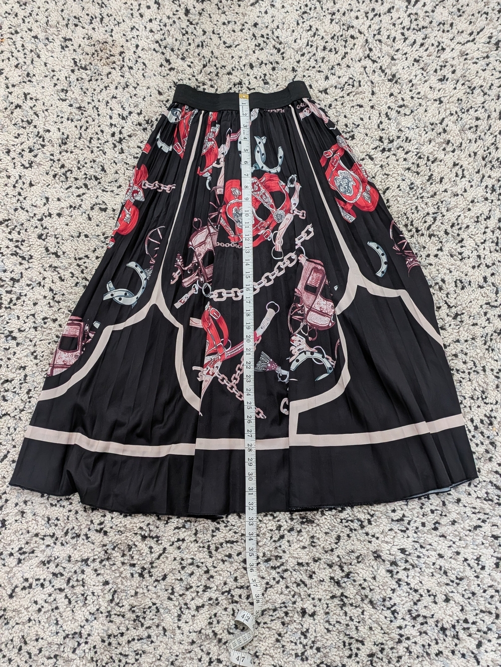 Black Equestrian Print Pleated Skirt - Elastic Waist Size S
